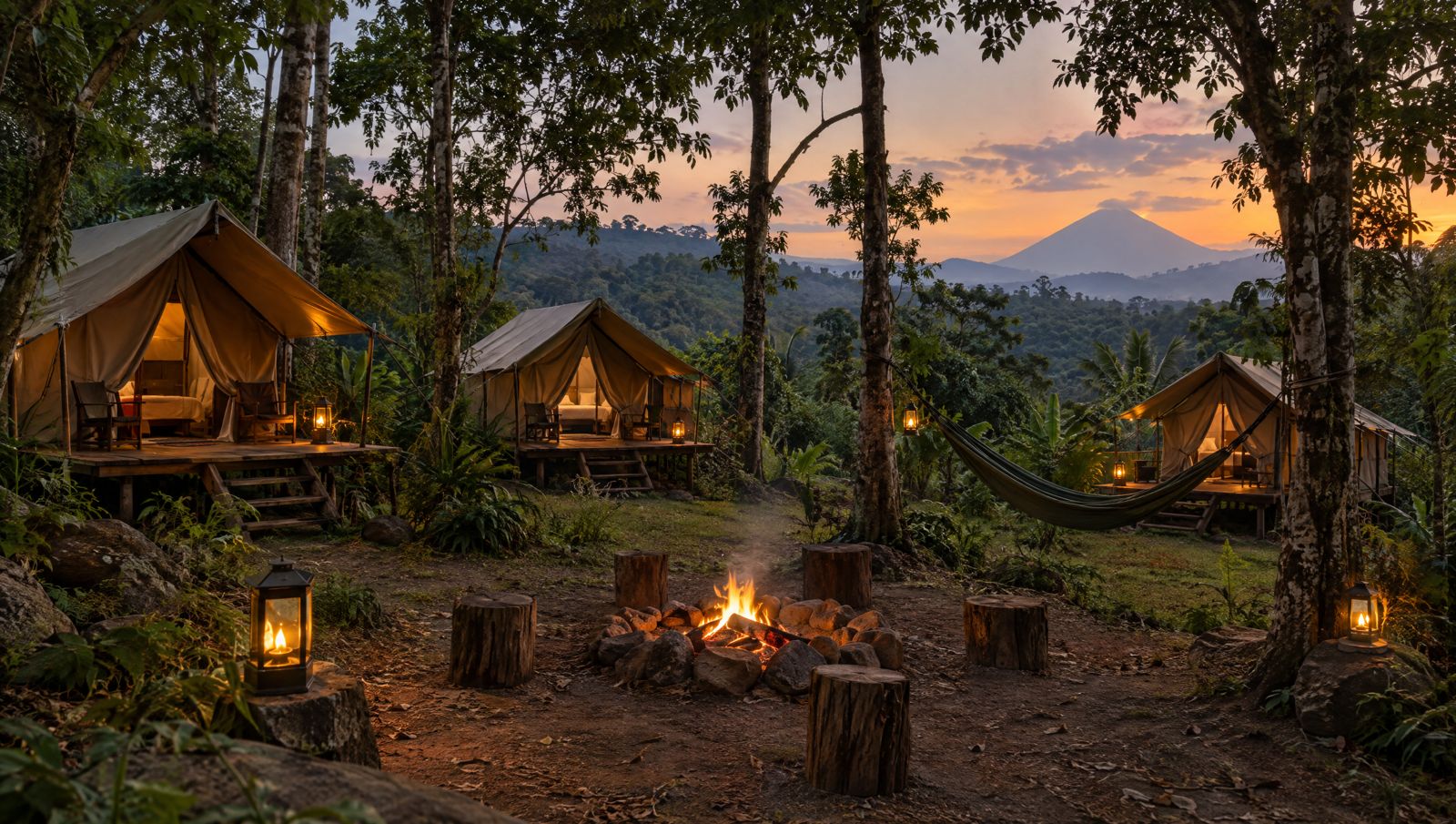 Safari tents around a fire in the forest