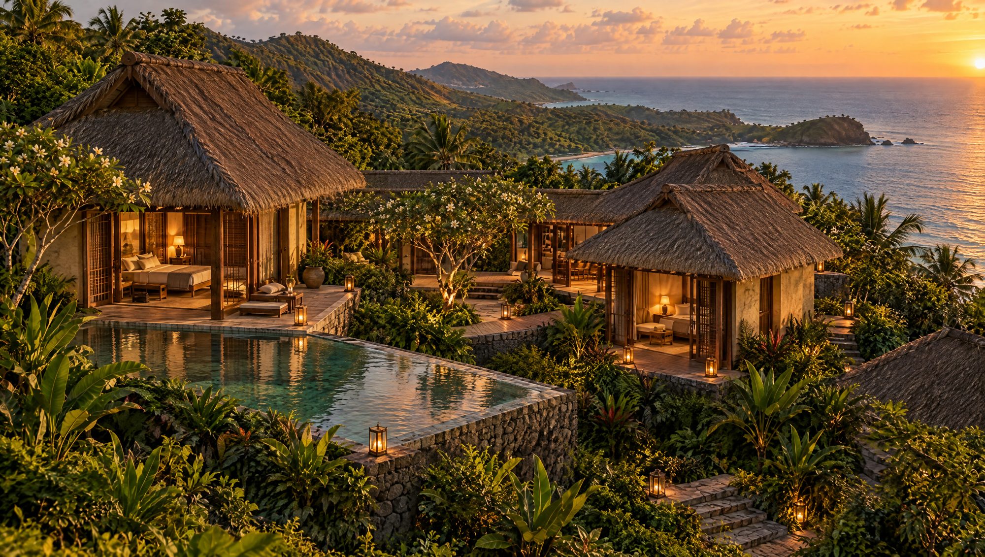 Longevity villa, the three bedroom show home at dusk: thatched pavilions around a courtyard, pool facing the valley