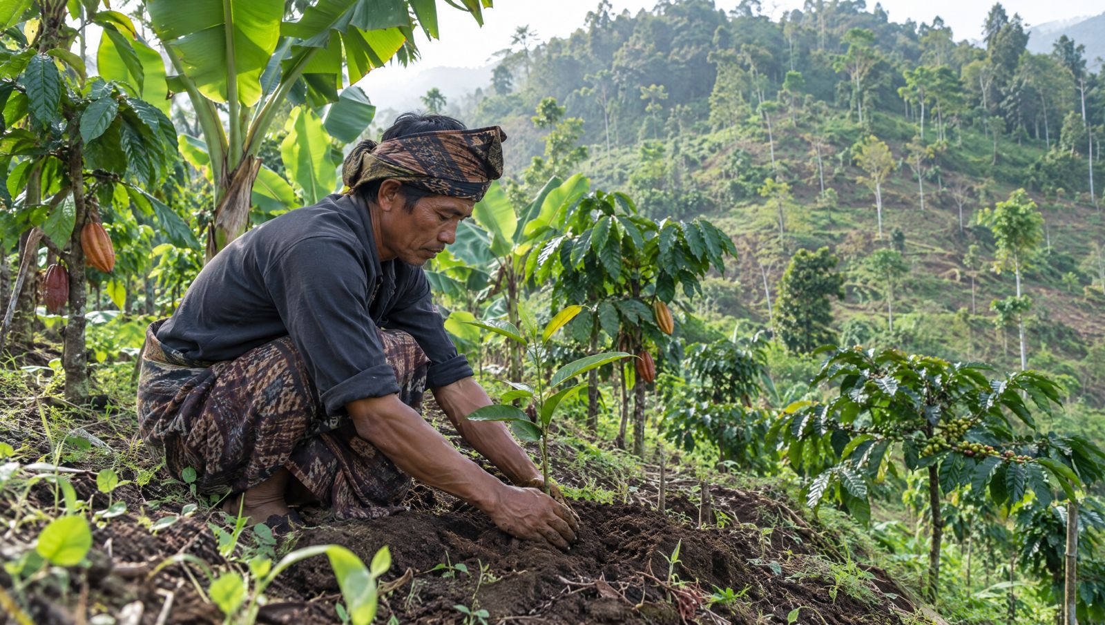 Sasak farmer planting native seedlings
