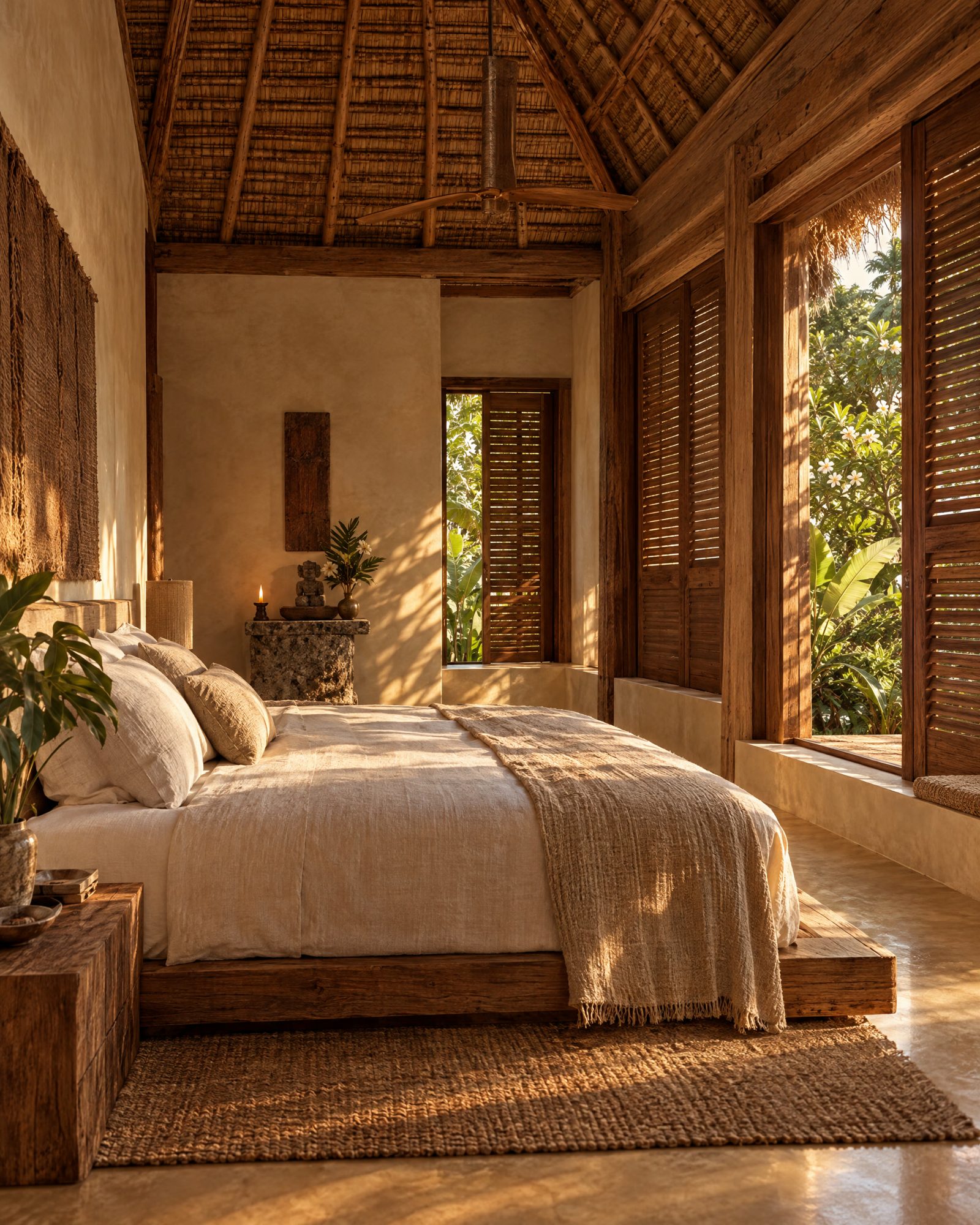 A bedroom built for sleep: lime plaster, linen, timber shutters