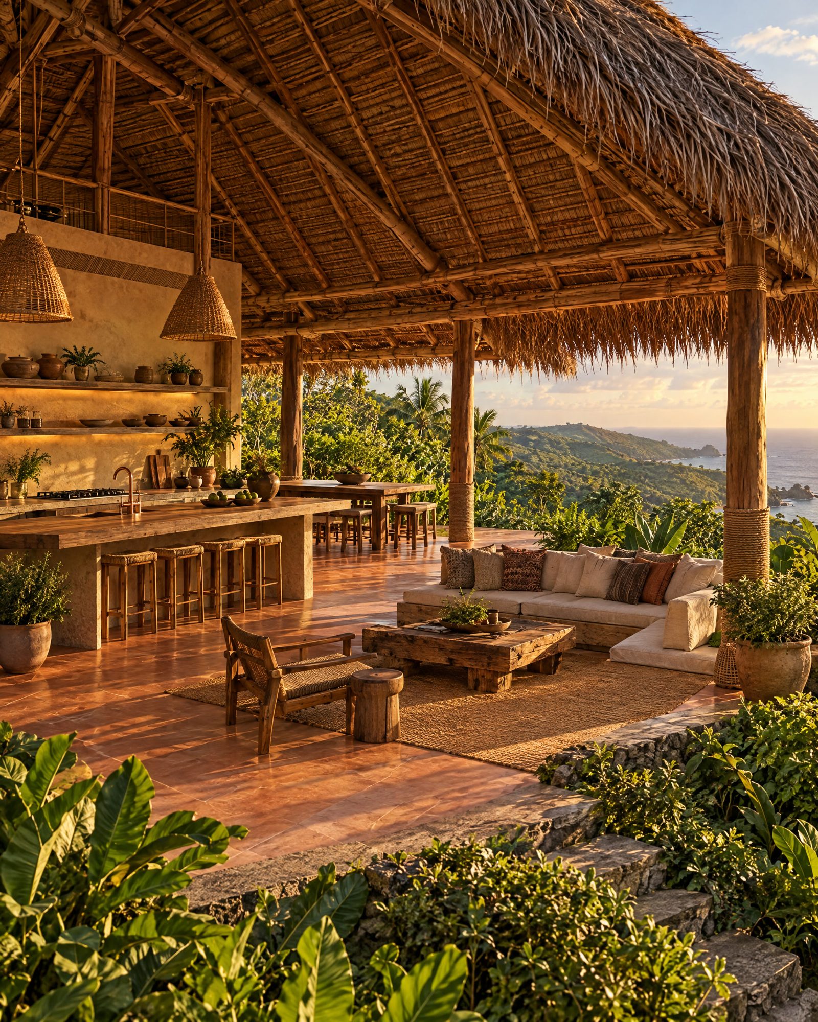 Open living pavilion under thatch, soft daylight, view to the hills
