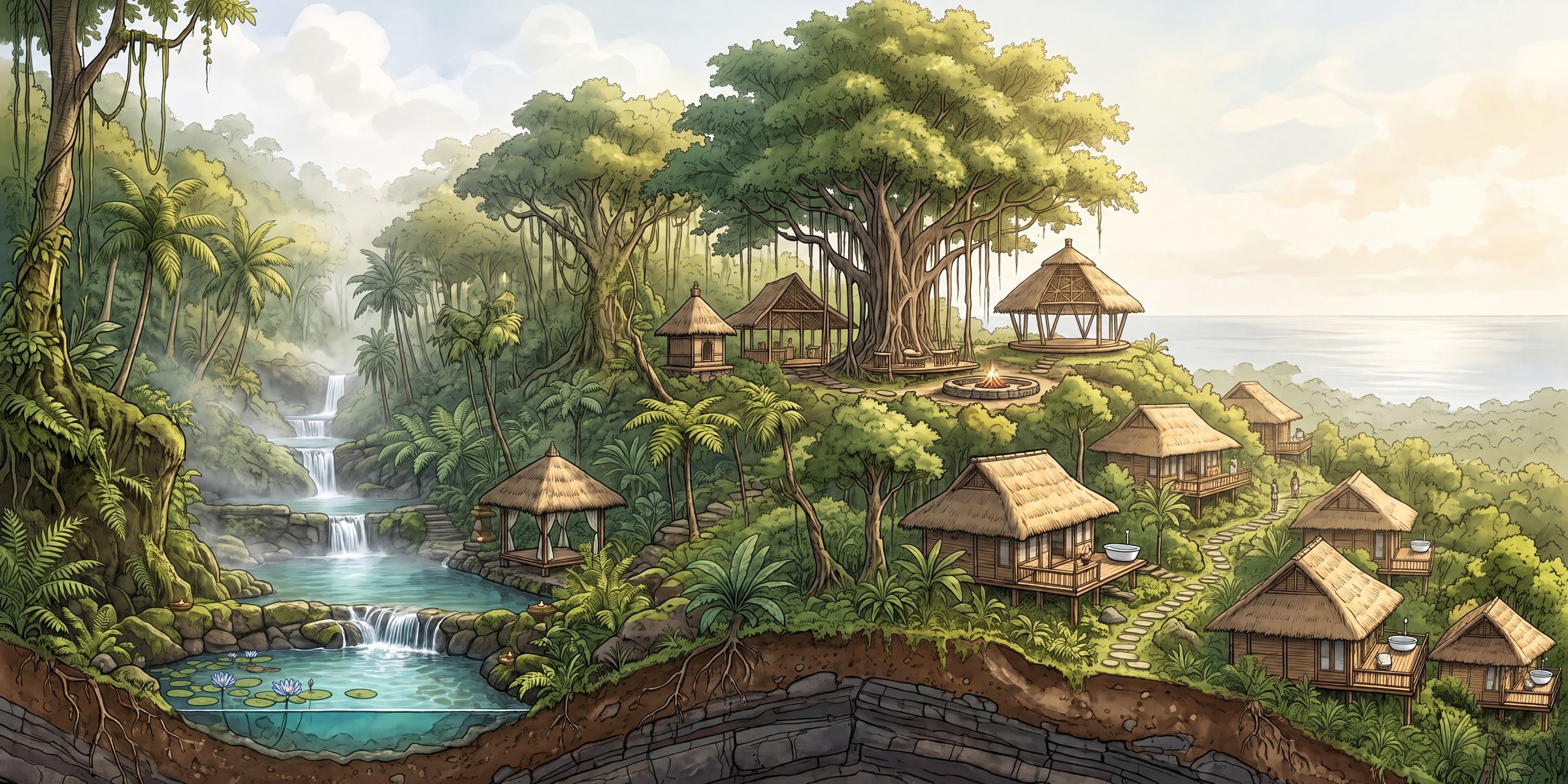 Concept section: the spring pools in the forest valley, the retreat center along the ridge, and the dwellings stepping down through the trees toward the sea