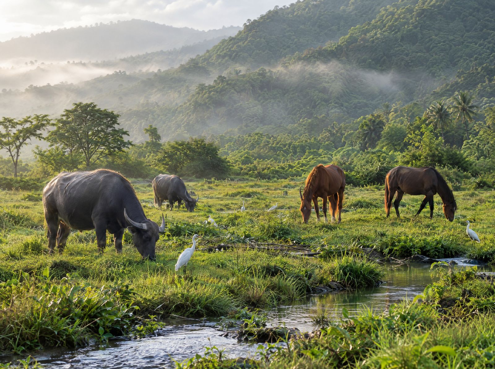 Buffalo and horses in a wetland meadow